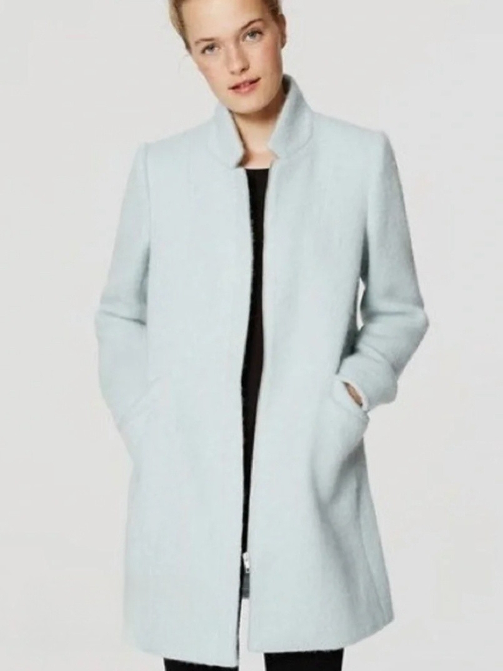 ❄️ LOFT Pale Blue Stand-Collar Wool-Blend Coat